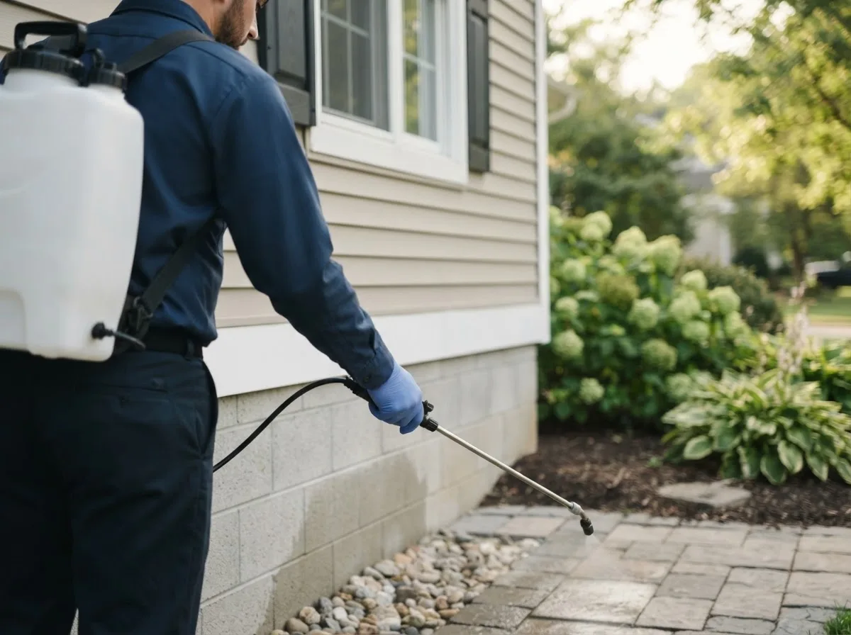 Pest control technician inspecting a home in Truxton, MO